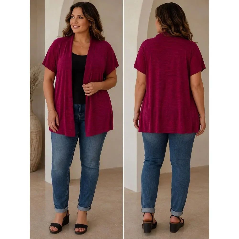 Susie In The City Open Front Layered Look Cardigan Top Pink Black Plus Size 3X